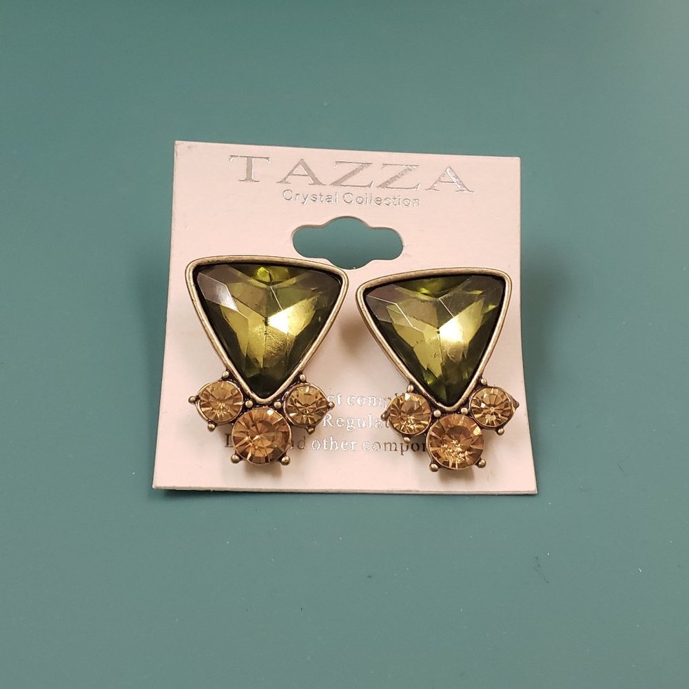 Tazza, Crystal Collection, green & gold post pierced fashion earrings, NWT